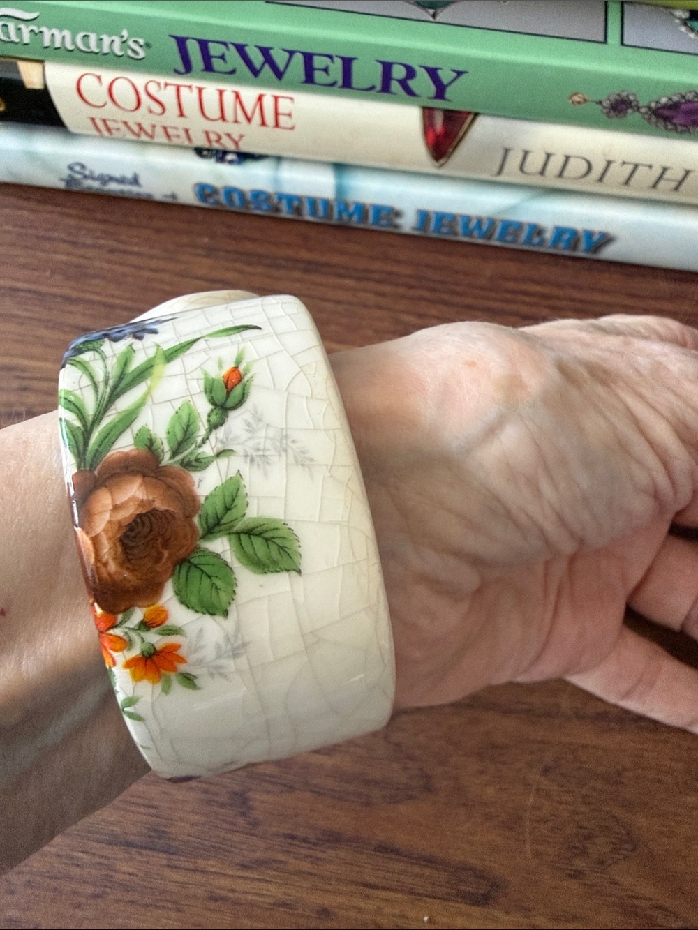 Vintage Porcelain Bangle Bracelet with Orange,Green, Blue & Brown Floral Design. - Picture 2 of 5